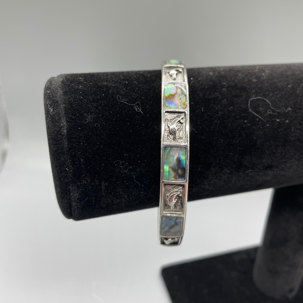 Silver Tone Dolphin Abalone Shell Inlay Bangle Bracelet Nautical Beach Jewelry